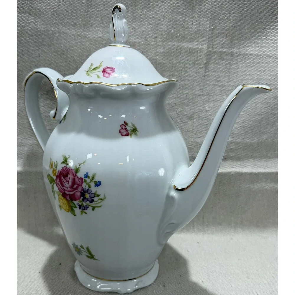 Schumann Arzberg Bavaria Germany Porcelain Coffee Pot Floral Rose Gold Trim 11in